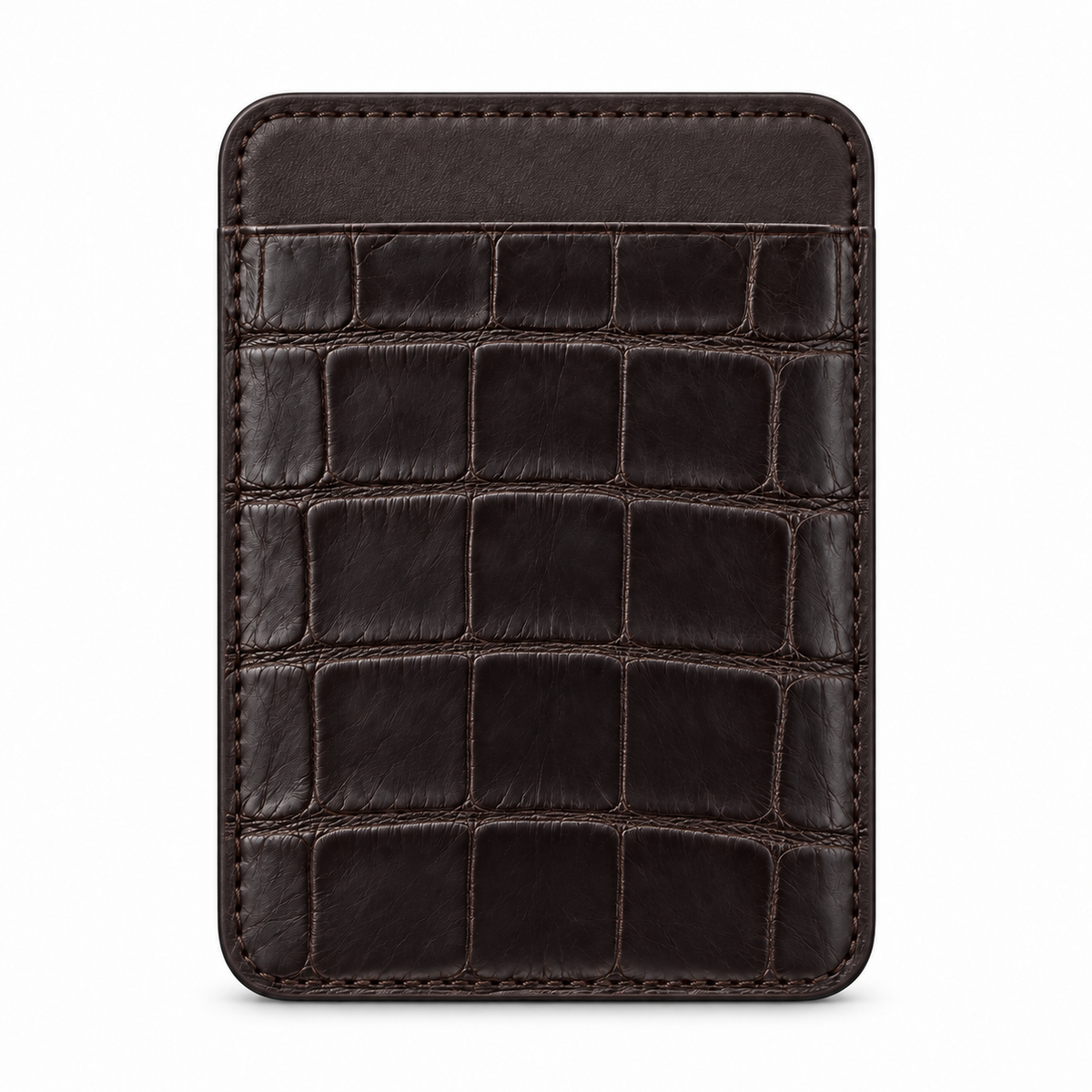 CLAN MagSafe Single Pocket card holder — alligator and matching smooth calfskin — Dark Brown — front
