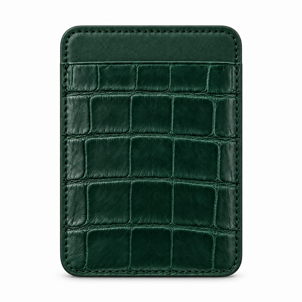 CLAN MagSafe Single Pocket card holder — alligator and matching smooth calfskin — Dark Green — front