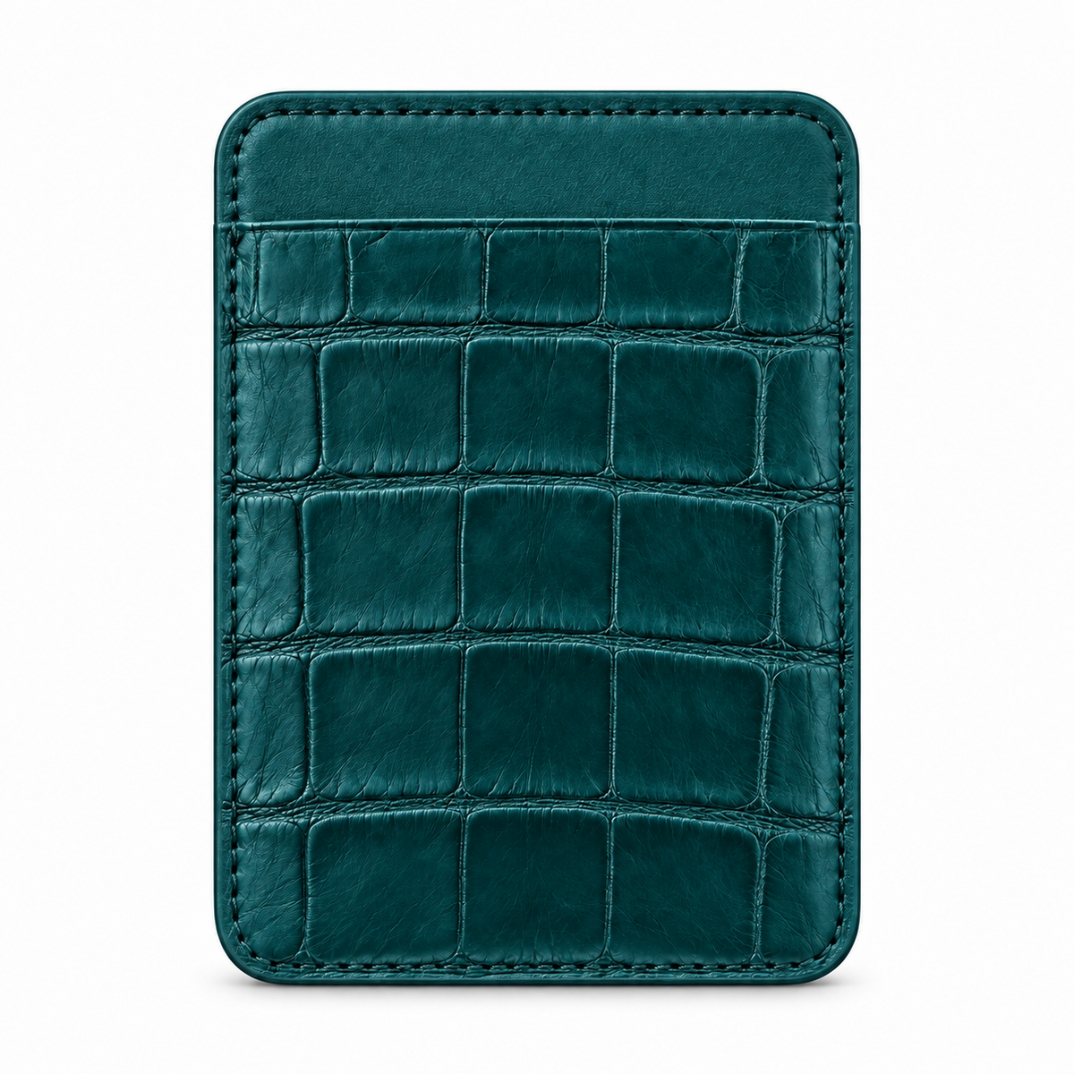 CLAN MagSafe Single Pocket card holder — alligator and matching smooth calfskin — Dark Petrol Green — front