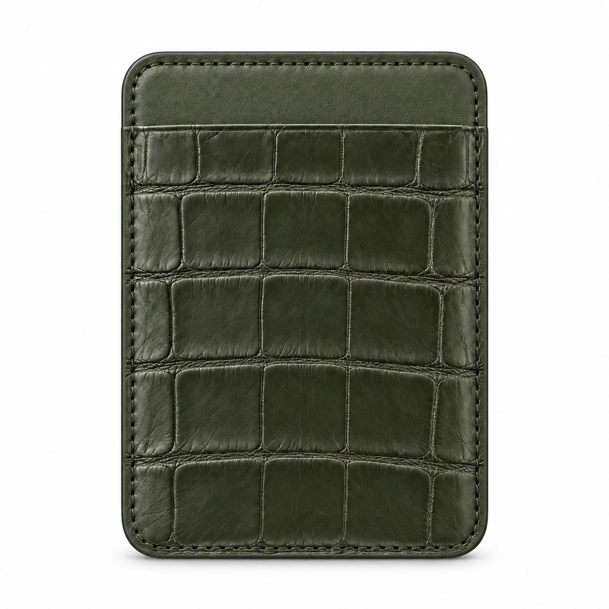 CLAN MagSafe Single Pocket card holder — alligator and matching smooth calfskin — Military Green — front