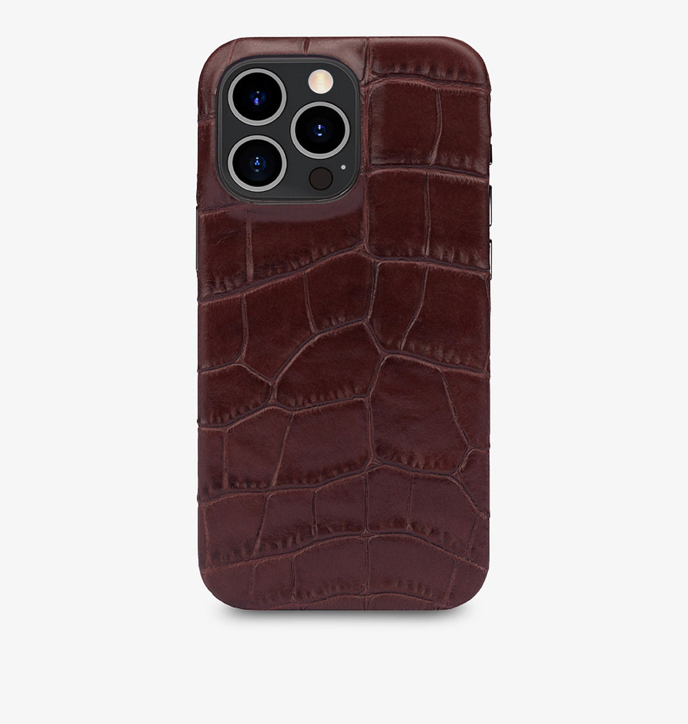 iPhone 13 Pro Max — Cuir de veau embossé crocodile — Brun brillant